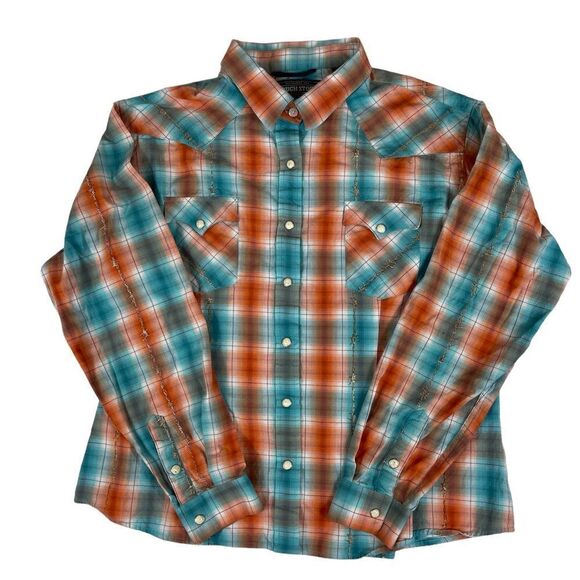 Roughstock Panhandle Slim Shirt Barbed Wire Western Women's XL Snap Up Red Blue - Picture 1 of 7
